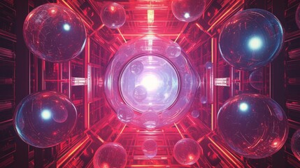 Wall Mural - Abstract 3D Render of a Glowing Sphere Grid with Red and Blue Hues