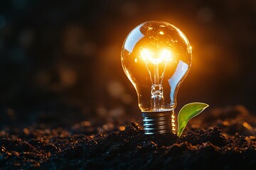 A glowing light bulb emerges from soil, representing innovation, growth, and sustainable energy.