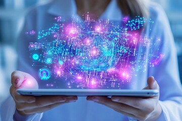 Poster - A person holds a tablet displaying vibrant digital graphics, symbolizing modern technology and data innovation.