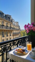 Sticker - A table with a plate of food and a glass of orange juice