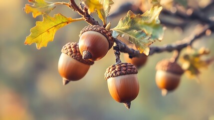 Wall Mural - Acorn Cluster on a Branch in Autumnal Sunlight