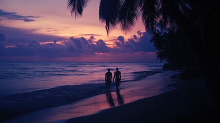 Wall Mural - Two figures walking along a beach at sunset, surrounded by palm trees and ocean waves.