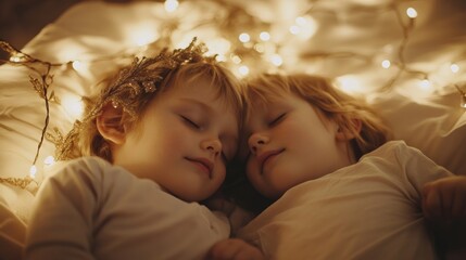 Canvas Print - A couple of kids laying next to each other on a bed