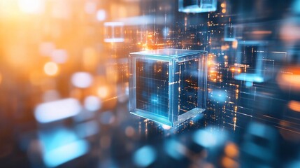 Poster - Dynamic digital background with glowing cubes and light particles, symbolizing technology, data, and innovation in a modern workspace.