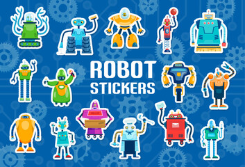 Aufkleber - Cartoon robot characters stickers pack. Vibrant vector patches collection of funny cyborgs, artificial intelligence smart machines with expressive faces. Fun and cute friendly mechanical personages