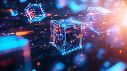 Poster - Futuristic digital cubes glowing amidst a vibrant, colorful background, representing data, technology, and innovation in a modern world.