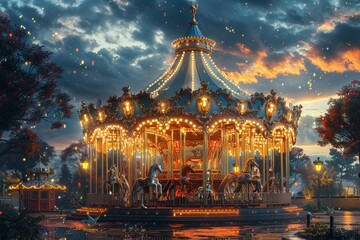 A brightly lit carousel stands under a dramatic sky, with rain falling and a glowing sunset in the distance