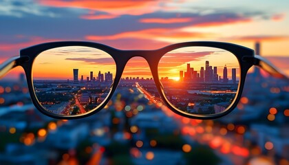 Urban Sunset Through Eyeglasses: A Clear Vision of the Vibrant Cityscape Horizon and Lively Skyline