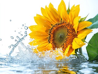 Wall Mural - A single sunflower with yellow petals and a dark brown center is half submerged in water, creating a water splash.