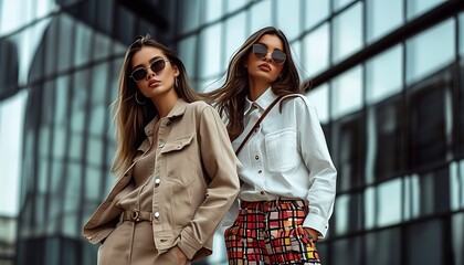 The two models posed in front of a modern building and wore fashionable and casual costumes, showing a unique urban atmosphere and personality.