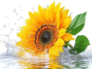 Wall Mural - A single sunflower with dew drops falling into water creating a splash.