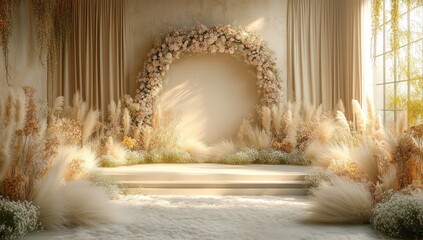 Canvas Print - Elegant Wedding Ceremony Setup with Flower Arch and Pampas Grass