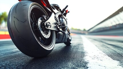 A close-up of a motorcycle tire on a racetrack, emphasizing speed and performance.