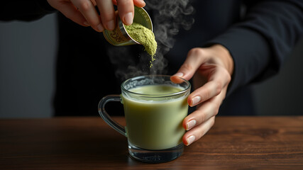 Canvas Print - Hands pouring matcha powder into a glass of hot water with steam rising