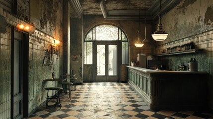 Poster - A vintage caf? interior with worn walls and checkered floor, evoking nostalgia.