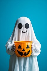 A child dressed as a ghost holds a pumpkin bucket for Halloween while standing against a bright blue background