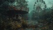 © MINMIN - An overgrown, abandoned amusement park with a rusty Ferris wheel and carousel, shrouded in mist.