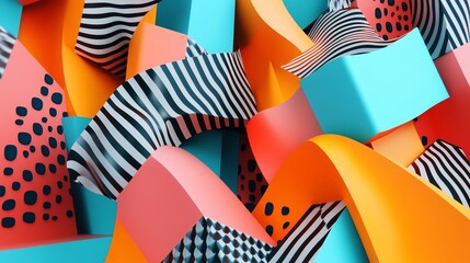 Abstract geometric pattern of colorful shapes, stripes, and polka dots.