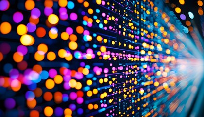 Vibrant LED Matrix Showcasing Software Development and IoT Connectivity in an Abstract Technology Scene with Nighttime Bokeh Effects