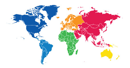  World map on white background. All countries in The World different colors. Can use for printing, website, presentation element, textile. World map vector illustration, high-resolution, travel.