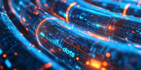 Abstract image of a glowing data cable with binary code, symbolizing fast digital data transfer and modern information technology.
