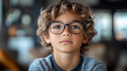 blond boy in glasses looking ahead