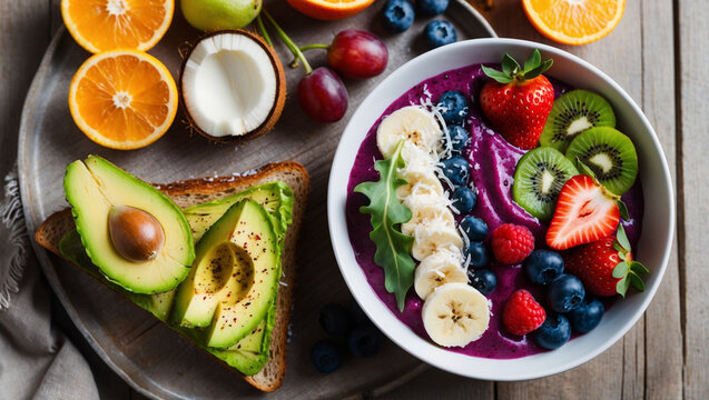 A healthy breakfast spread featuring avocado toast, a smoothie bowl, and fresh fruit, perfect for promoting wellness and fitness