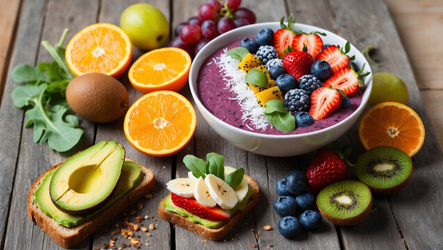 A healthy breakfast spread featuring avocado toast, a smoothie bowl, and fresh fruit, perfect for promoting wellness and fitness