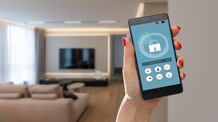 Poster - Mobile phone with app smarthome intelligent house automation remote control technology concept