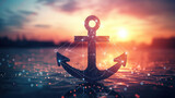 A digital anchor stands prominently against vibrant sunset, symbolizing stability and connection. intricate lines and glowing nodes create sense of modernity and depth