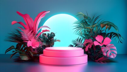 Wall Mural - Futuristic Neon Podium with Pink Products and Tropical Plants in a Sci-Fi Stage Setting