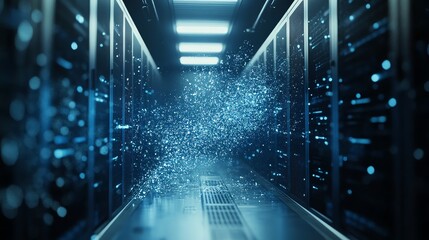 Poster - Blue particles floating in a server room aisle.