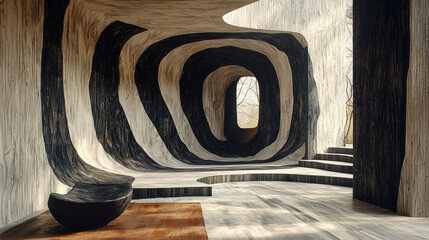 Abstract wooden interior with a black and white pattern and a window.