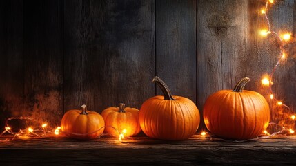 Wall Mural - Four pumpkins of different sizes are arranged on a rustic wooden surface with string lights in front of a wooden wall background.