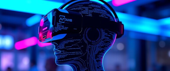 A person wearing a virtual reality headset in a futuristic space with colorful neon lights and digital displays in the background