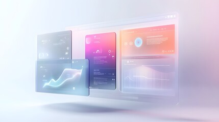 A user interface mockup using glassmorphism, with semi-transparent panels and frosted glass effects, providing a sleek and modern look