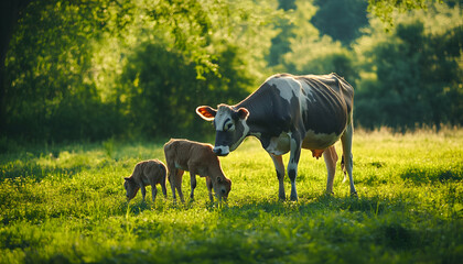 A mother cow and her two calves grazing in a green field.