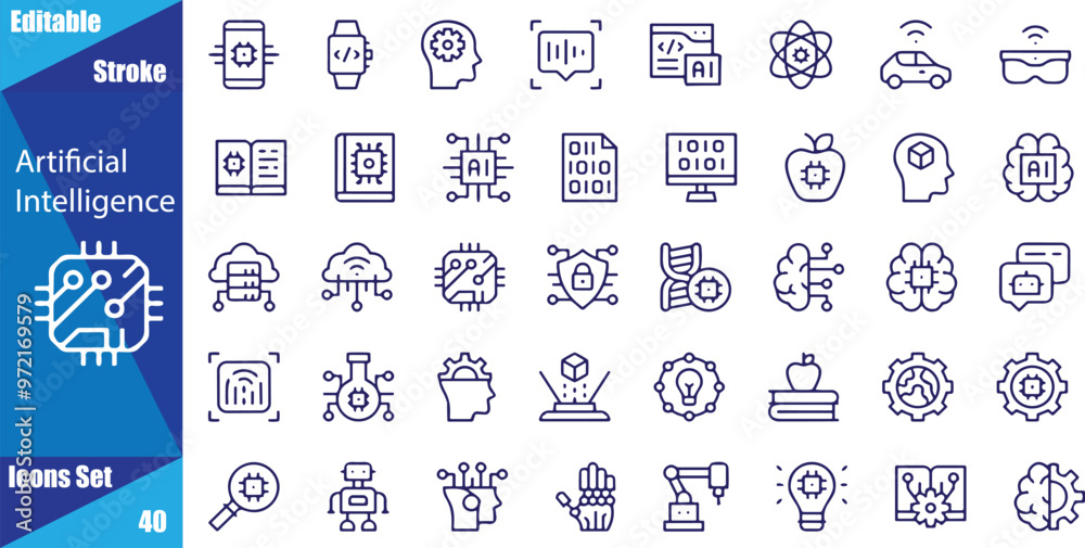 Artificial intelligence set of web icons in line style. AI technology ...