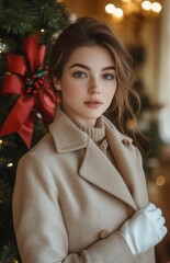 Wall Mural - Elegant woman in beige coat and white gloves, with festive New Year's decorations in the background