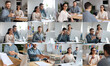 © Prostock-studio - A diverse team of professionals engages in dynamic discussions and collaborative activities at a modern office desk. They are sharing ideas, displaying documents, and communicating