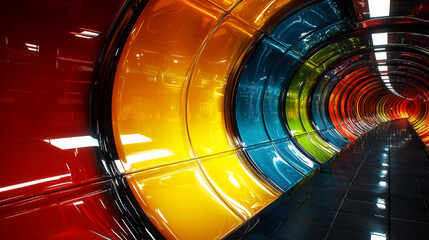 A colorful and futuristic tunnel made of shiny, curved panels.