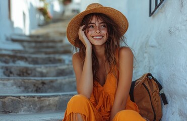 Cheerful young woman in an orange dress and hat, sitting on stairs, white town backdrop