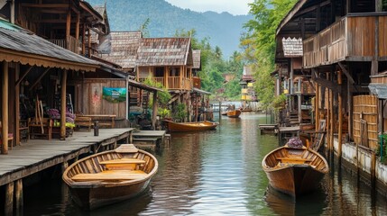 A rustic Thai village with wooden houses built along a winding river, with local boats docked along the wooden piers.