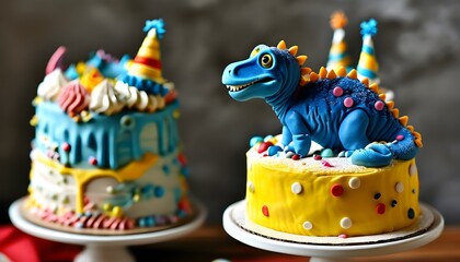 Wall Mural - Playful Dinosaur Birthday Cake with Colorful Confetti and Icing Delight for Celebrating Kids