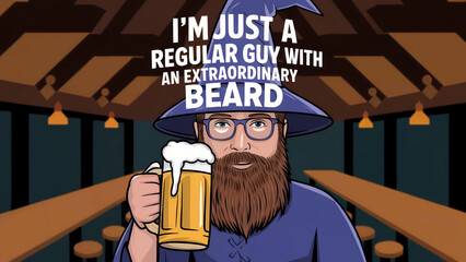 Bearded wizard holding beer in pub. Digital art style. Fantasy character with humorous message. Pub setting for bar decor. Design, poster, banner.