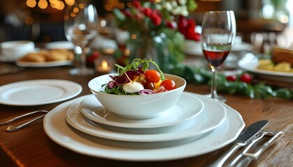 Elegant banquet setup with beautifully arranged dining tables, decorative elements, and a delightful array of food and drink for a festive celebration