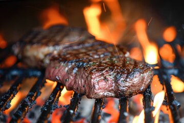 Wall Mural - Marinated beef steak sizzling on the grill, flames in the background