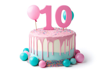 3D Birthday cake with number 10 isolated on white background