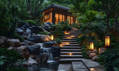 Tranquil Japanese garden with a stone pathway, waterfall, and lantern lights.