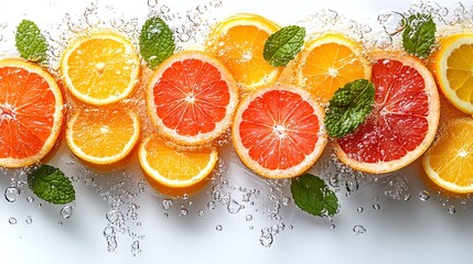 Closeup of fresh oranges, grapefruits, and mint leaves in water with bubbles.